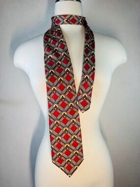 Longchamp Red and Gold Geometric Silk Tie